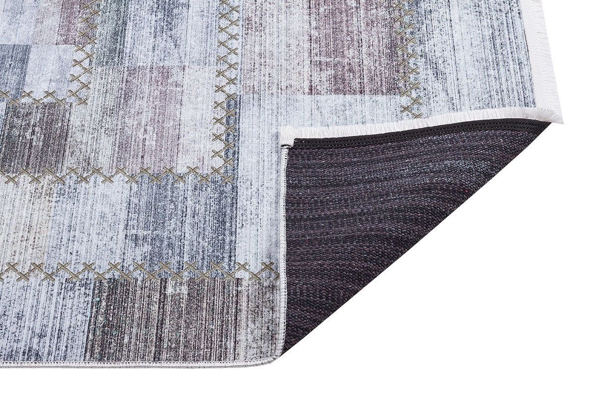 Washable Patchwork Area Rug – Distressed Geometric Carpet, Neutral Boho Living Room Home Decor
