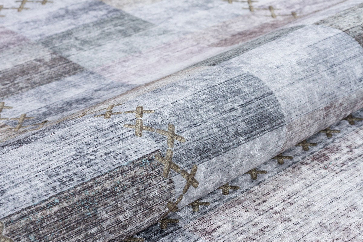Washable Patchwork Area Rug – Distressed Geometric Carpet, Neutral Boho Living Room Home Decor