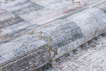 Washable Patchwork Area Rug – Distressed Geometric Carpet, Neutral Boho Living Room Home Decor