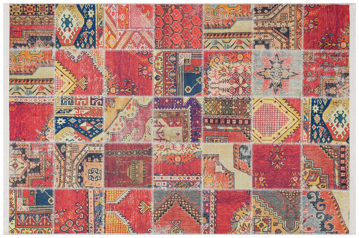 Red Boho Patchwork Area Rug – Turkish Kilim Style, Non-Slip Carpet