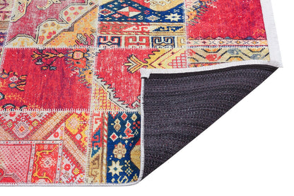 Red Boho Patchwork Area Rug – Turkish Kilim Style, Non-Slip Carpet