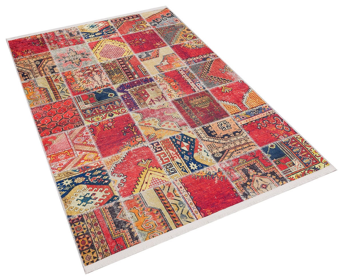 Red Boho Patchwork Area Rug – Turkish Kilim Style, Non-Slip Carpet