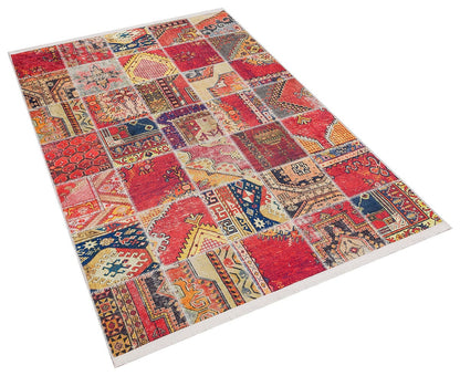 Red Boho Patchwork Area Rug – Turkish Kilim Style, Non-Slip Carpet