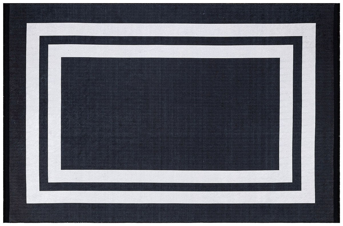 Modern Geometric Border Rug – Machine Washable Charcoal Black Area Rug
