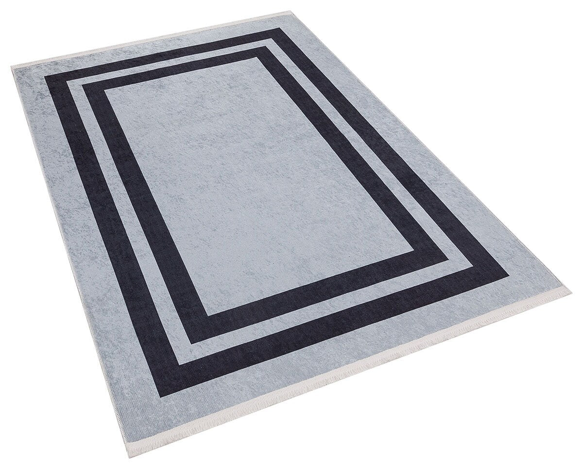 Modern Geometric Gray Area Rug, Black Frame Border, Scandinavian Living Room Carpet