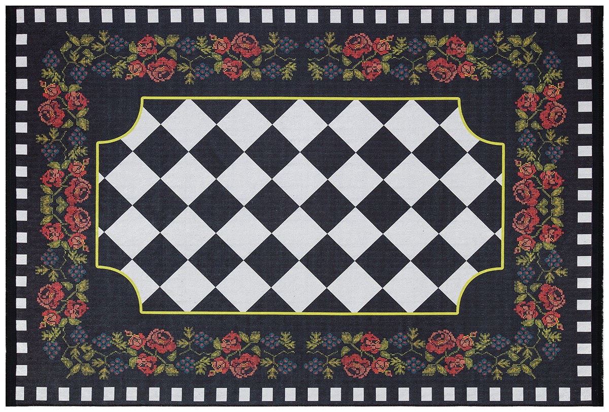 Checkered Rose Area Rug – Black White Harlequin Gothic Floral Decor (Machine Washable)
