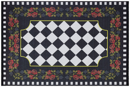 Checkered Rose Area Rug – Black White Harlequin Gothic Floral Decor (Machine Washable)
