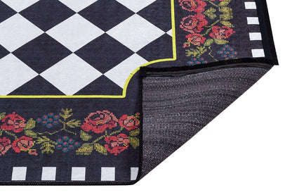 Checkered Rose Area Rug – Black White Harlequin Gothic Floral Decor (Machine Washable)