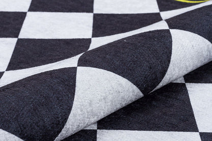 Checkered Rose Area Rug – Black White Harlequin Gothic Floral Decor (Machine Washable)