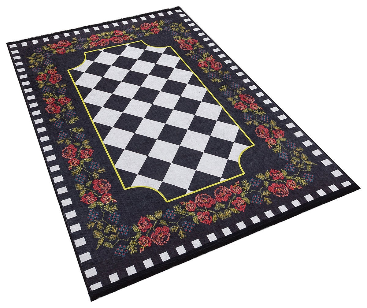 Checkered Rose Area Rug – Black White Harlequin Gothic Floral Decor (Machine Washable)