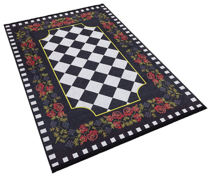 Checkered Rose Area Rug – Black White Harlequin Gothic Floral Decor (Machine Washable)