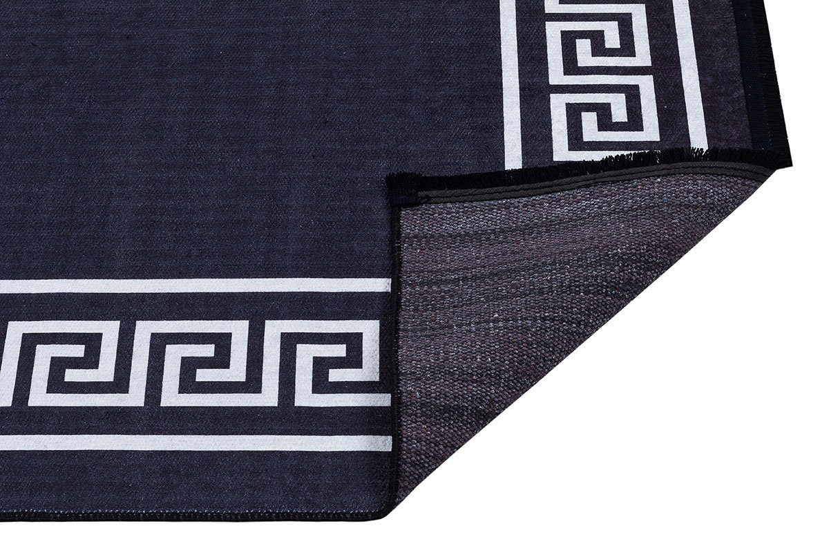 Black White Greek Key Area Rug – Modern Minimalist Meander Living Room Carpet