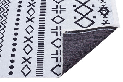 Washable Boho Geometric Rug, Scandinavian Tribal Carpet, Black Ivory Nordic Area Rug
