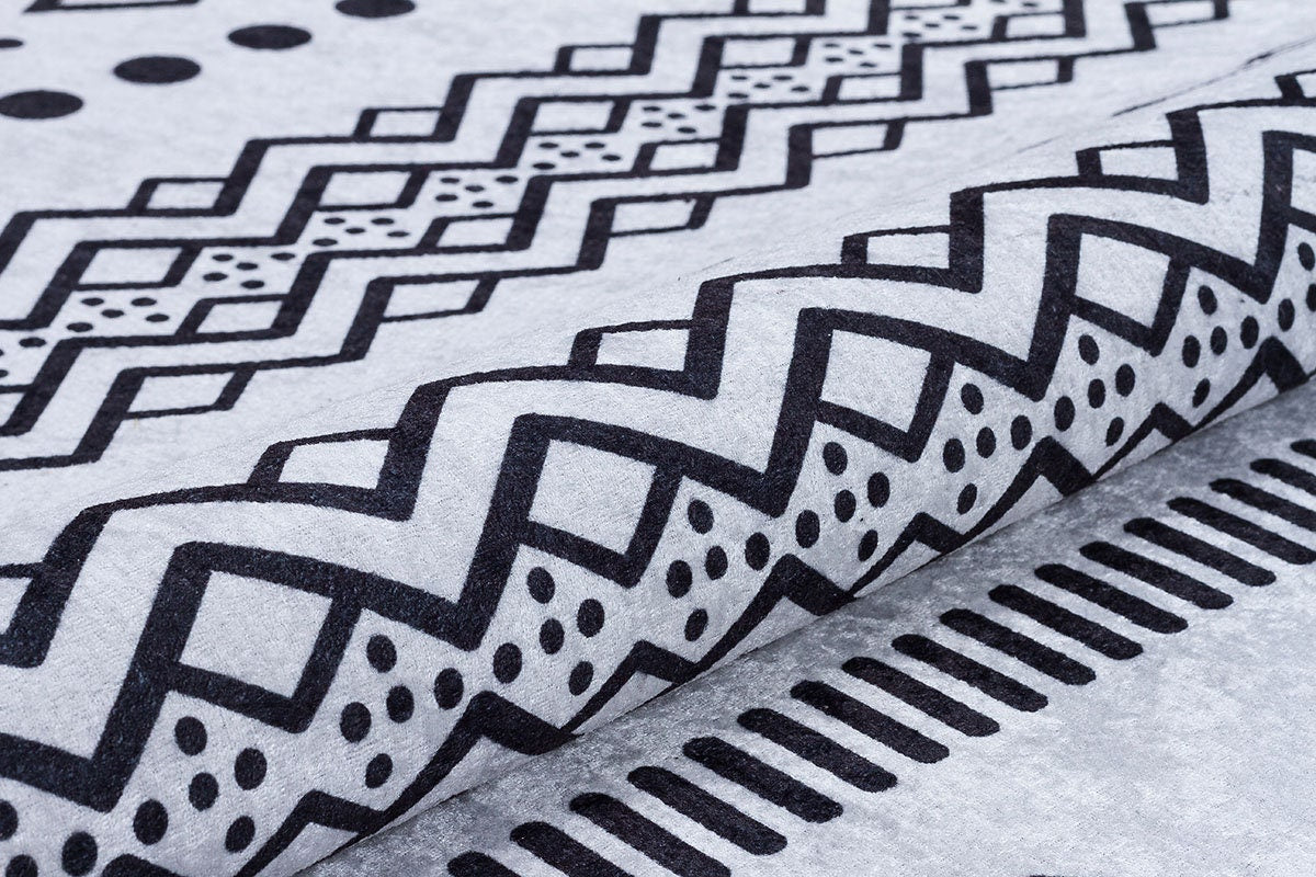 Washable Boho Geometric Rug, Scandinavian Tribal Carpet, Black Ivory Nordic Area Rug