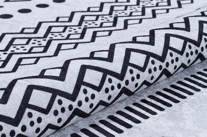 Washable Boho Geometric Rug, Scandinavian Tribal Carpet, Black Ivory Nordic Area Rug