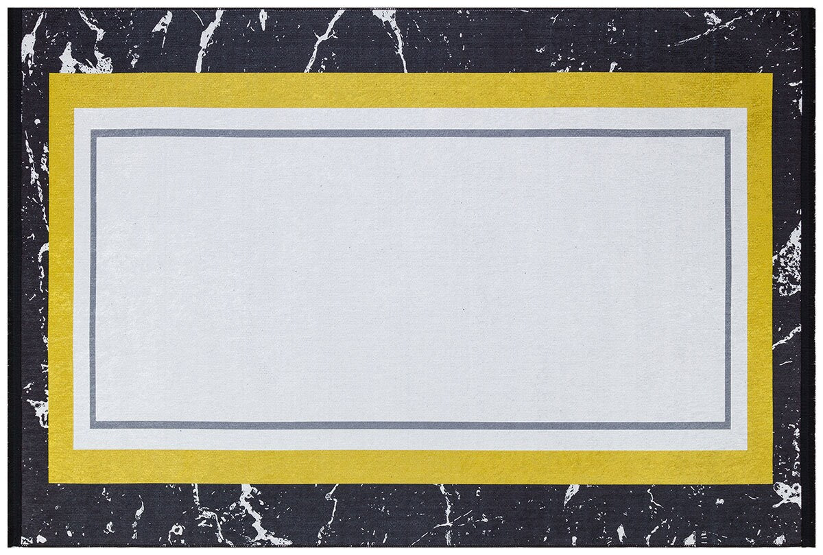 Modern Marble Geometric Area Rug – Black, Yellow, White Abstract Carpet