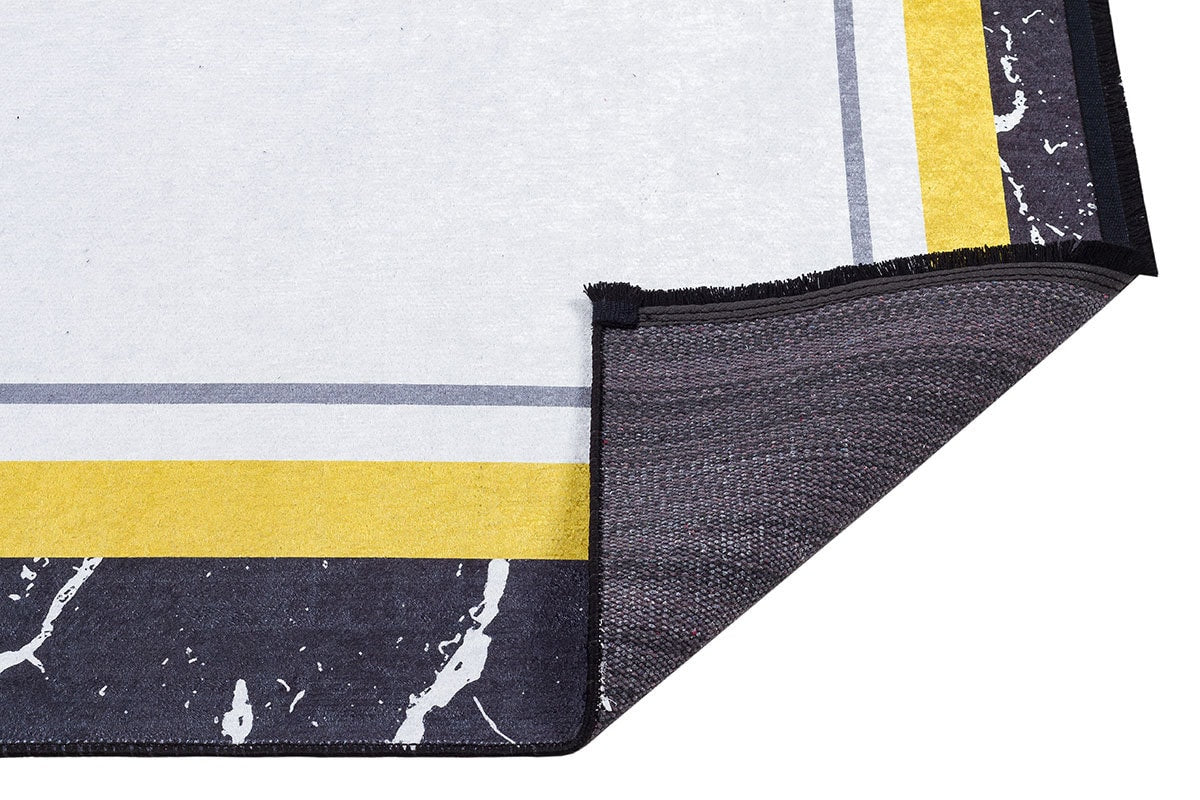 Modern Marble Geometric Area Rug – Black, Yellow, White Abstract Carpet