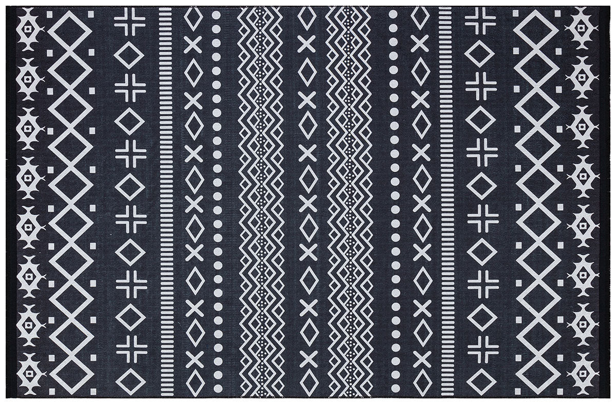Black White Tribal Geometric Rug, Modern Boho Living Room Carpet, Washable Ethnic Pattern Decor