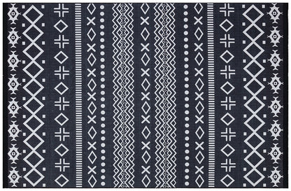 Black White Tribal Geometric Rug, Modern Boho Living Room Carpet, Washable Ethnic Pattern Decor