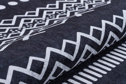 Black White Tribal Geometric Rug, Modern Boho Living Room Carpet, Washable Ethnic Pattern Decor