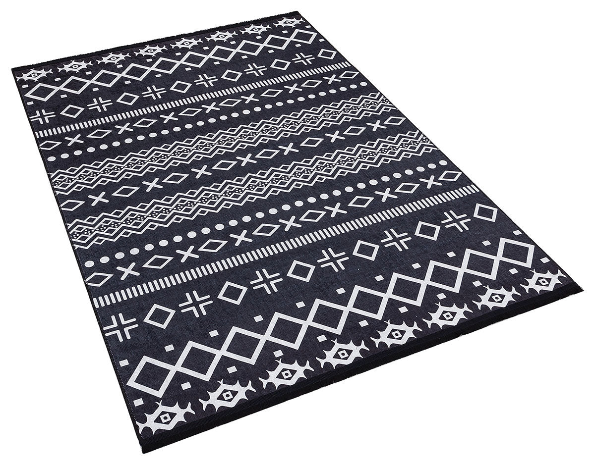 Black White Tribal Geometric Rug, Modern Boho Living Room Carpet, Washable Ethnic Pattern Decor