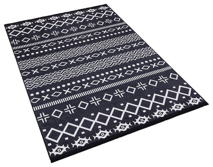 Black White Tribal Geometric Rug, Modern Boho Living Room Carpet, Washable Ethnic Pattern Decor