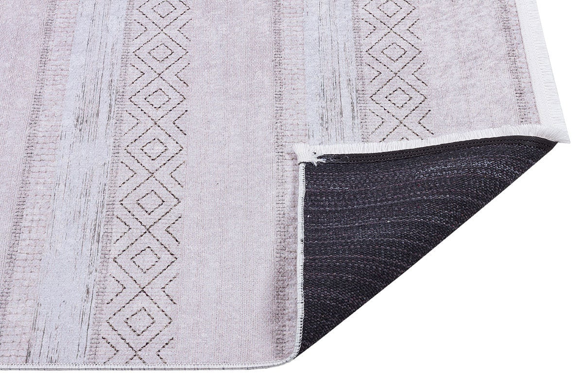 Washable Boho Area Rug – Distressed Diamond Tribal Pattern, Cream Gray Carpet