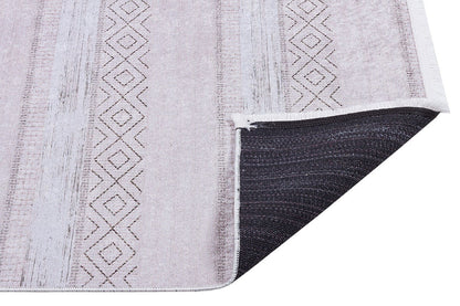 Washable Boho Area Rug – Distressed Diamond Tribal Pattern, Cream Gray Carpet