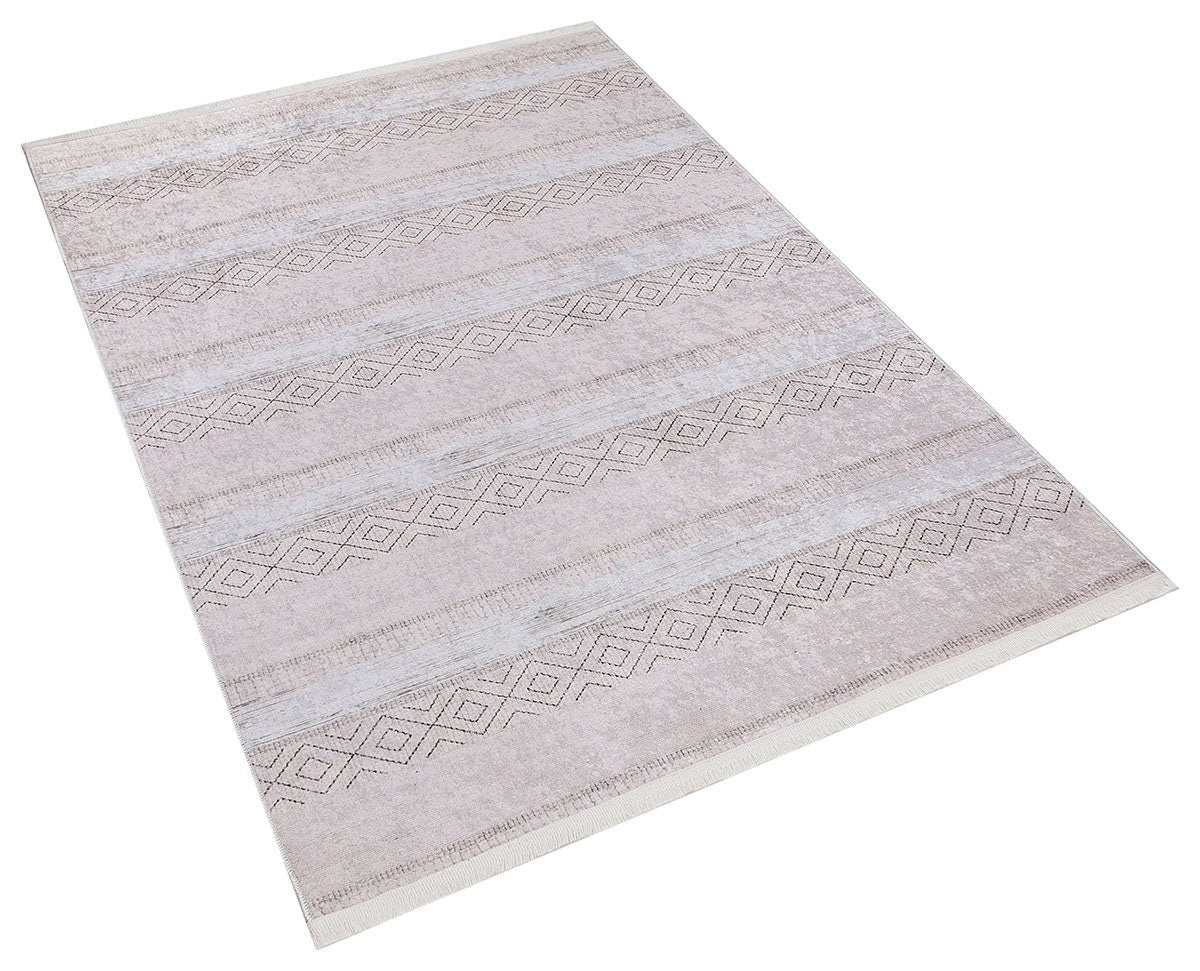 Washable Boho Area Rug – Distressed Diamond Tribal Pattern, Cream Gray Carpet