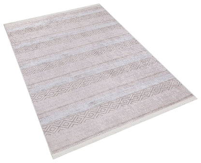 Washable Boho Area Rug – Distressed Diamond Tribal Pattern, Cream Gray Carpet