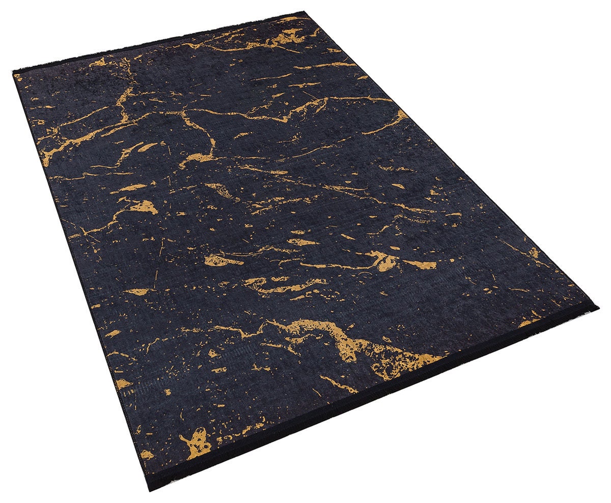 Washable Marble Area Rug – Charcoal Gold Veining, Modern Abstract Carpet