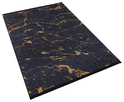 Washable Marble Area Rug – Charcoal Gold Veining, Modern Abstract Carpet