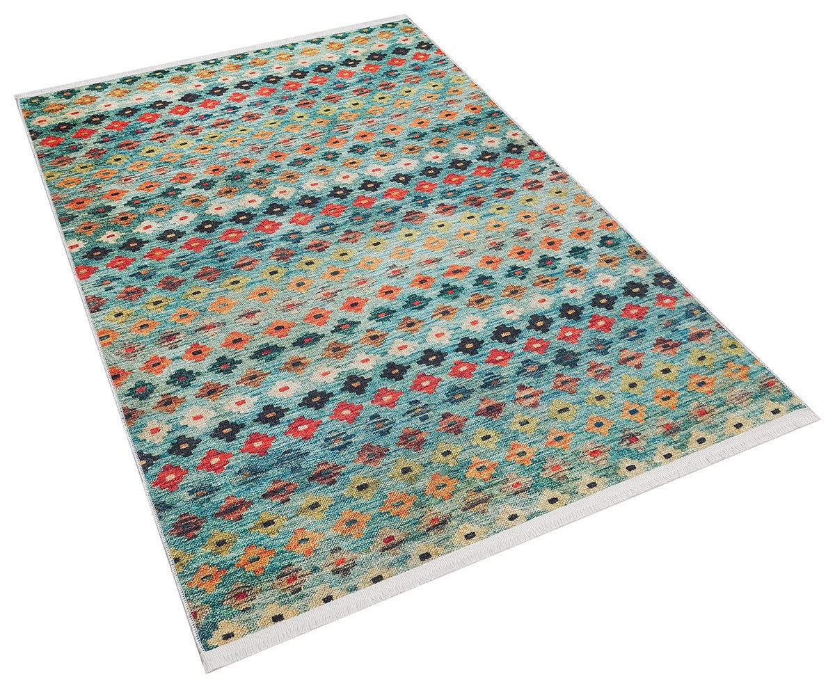 Washable Kilim-Style Area Rug: Boho Geometric Design