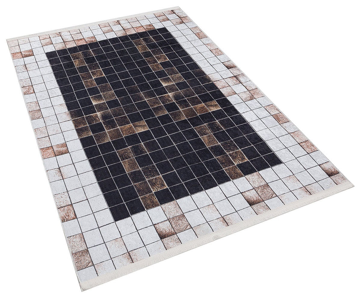 Modern Industrial Mosaic Rug | Black Earth Tone Pixelated Non-Slip Carpet