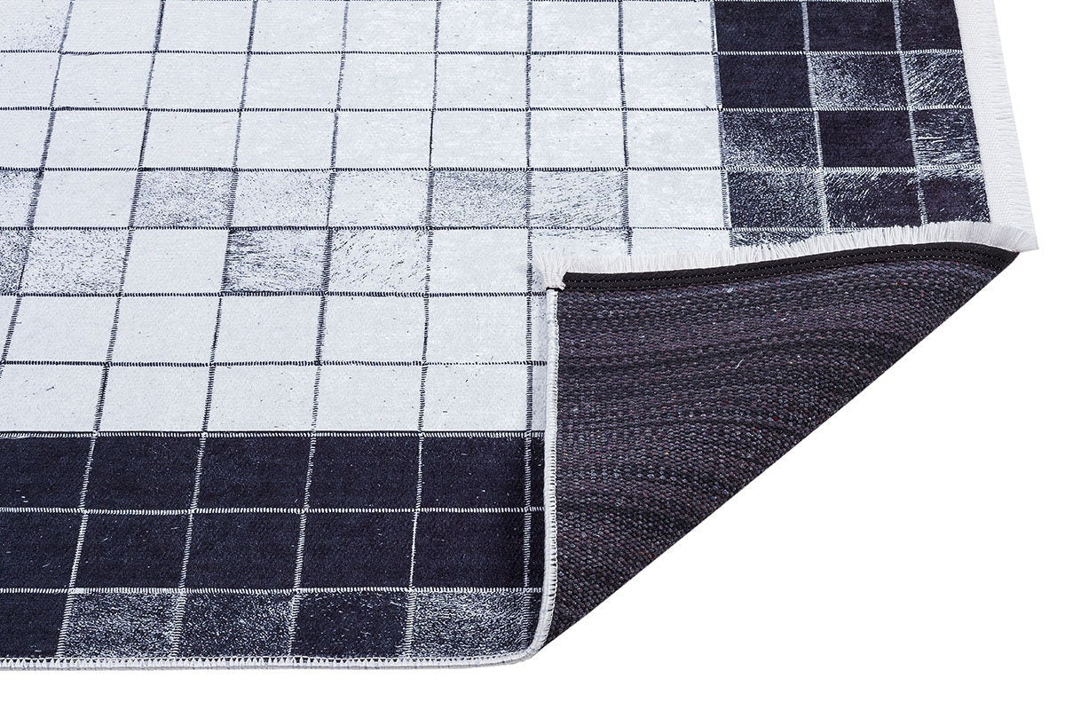 Black White Geometric Washable Rug, Minimalist Checkered Carpet, Scandinavian Floor Decor