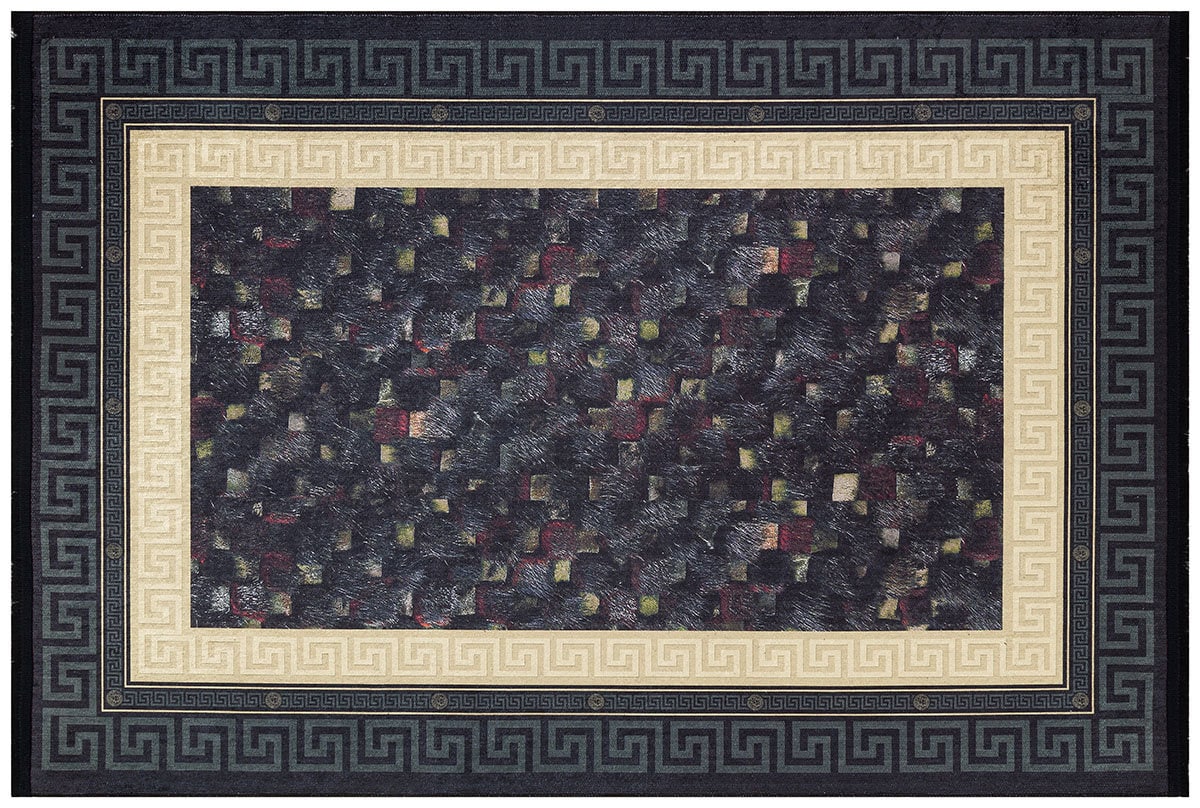 Modern Greek Key Area Rug – Black Gold Meander Border Carpet, Washable, Non-Slip