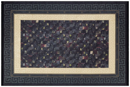 Modern Greek Key Area Rug – Black Gold Meander Border Carpet, Washable, Non-Slip