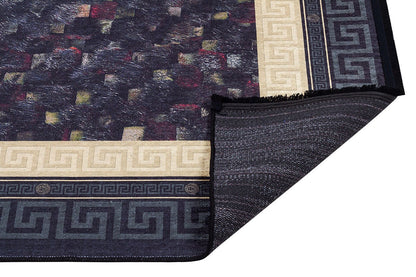 Modern Greek Key Area Rug – Black Gold Meander Border Carpet, Washable, Non-Slip