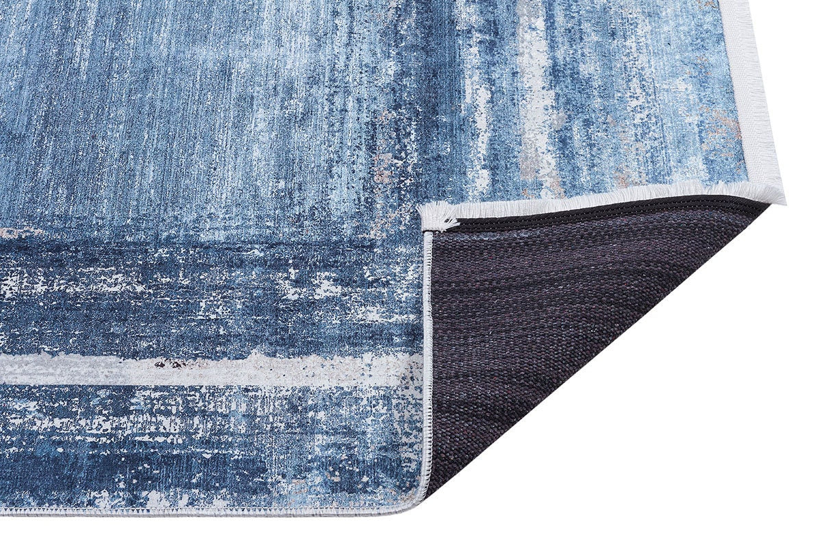 Distressed Blue Abstract Area Rug – Coastal Washable Carpet, Kid/Pet Friendly