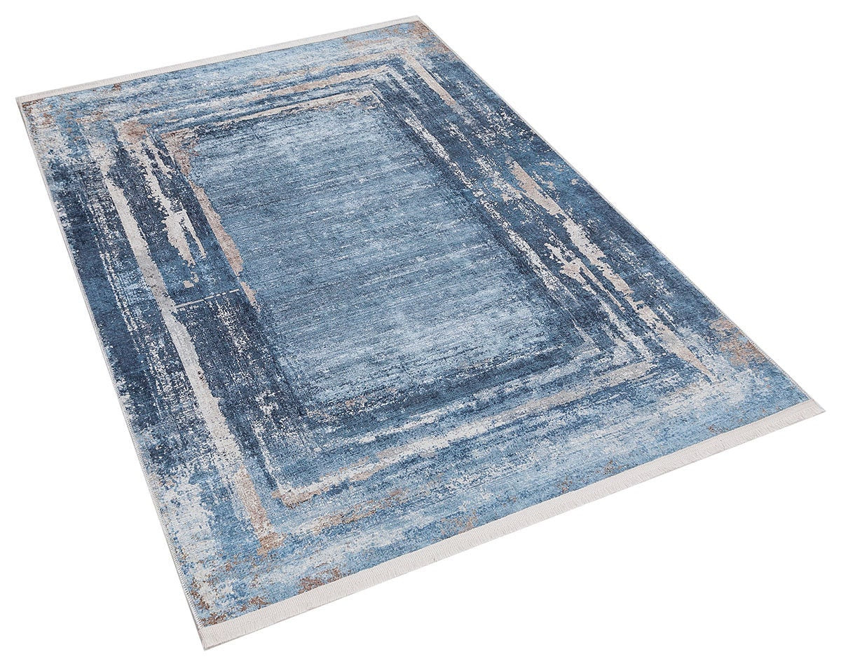 Distressed Blue Abstract Area Rug – Coastal Washable Carpet, Kid/Pet Friendly