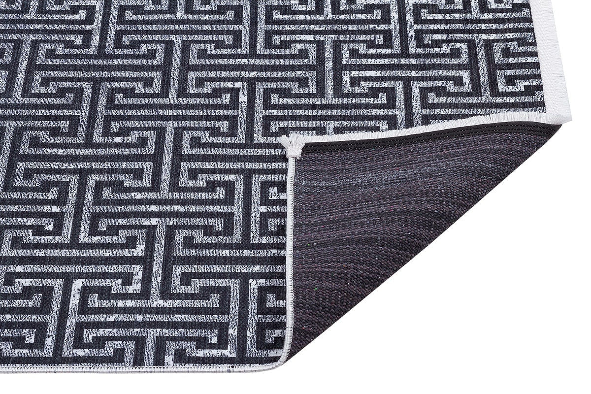 Washable Greek Key Area Rug – Navy Blue Meander Carpet, Non-Slip Low Pile