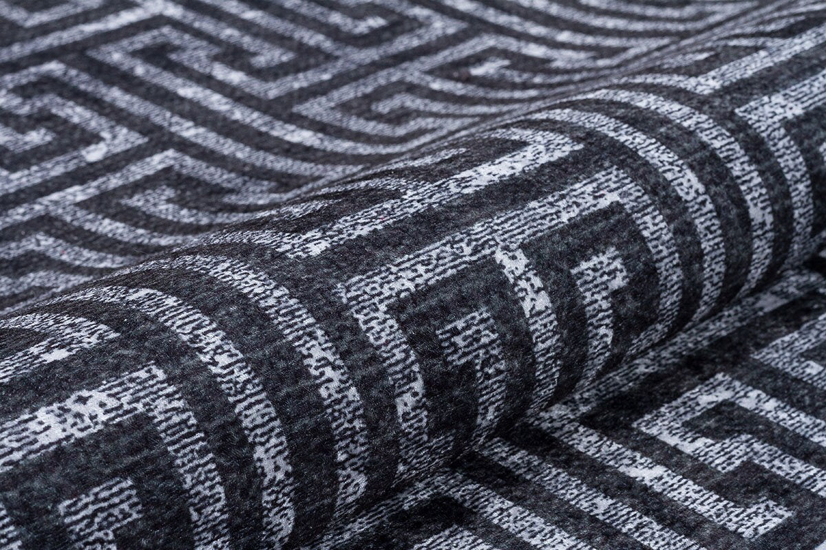 Washable Greek Key Area Rug – Navy Blue Meander Carpet, Non-Slip Low Pile