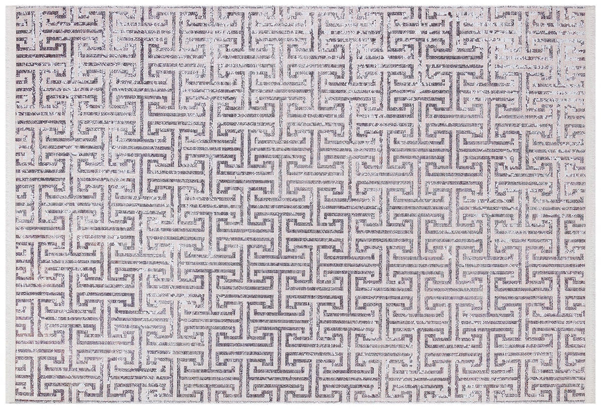 Distressed Greek Key Area Rug – Washable Cream Grey Geometric Labyrinth