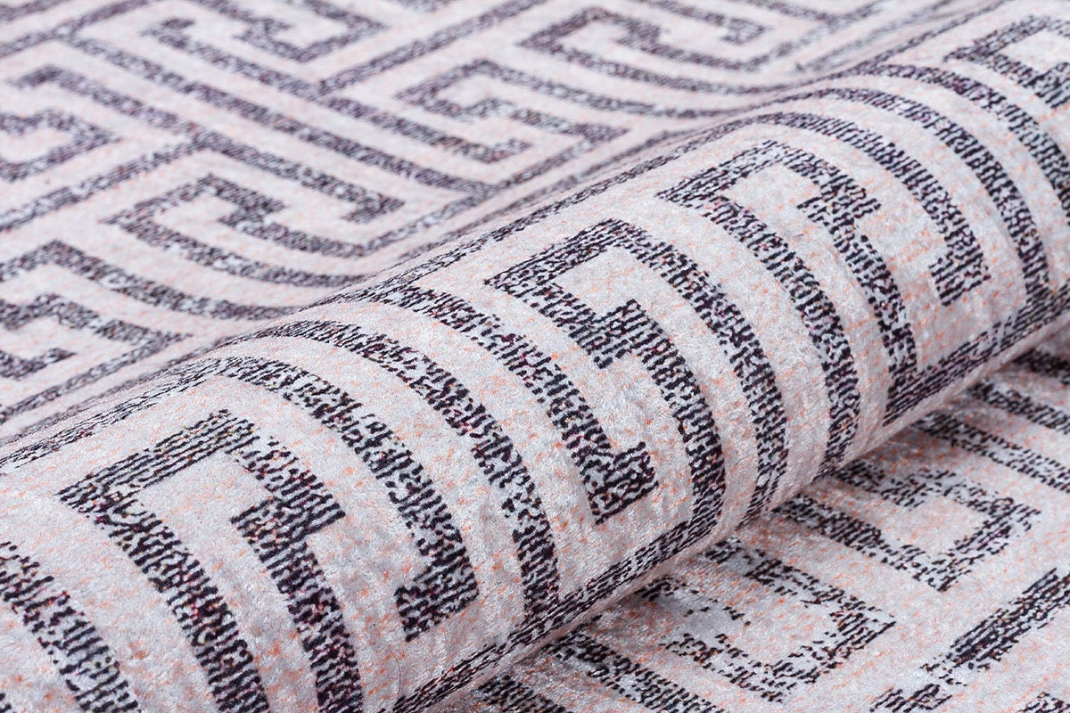 Distressed Greek Key Area Rug – Washable Cream Grey Geometric Labyrinth