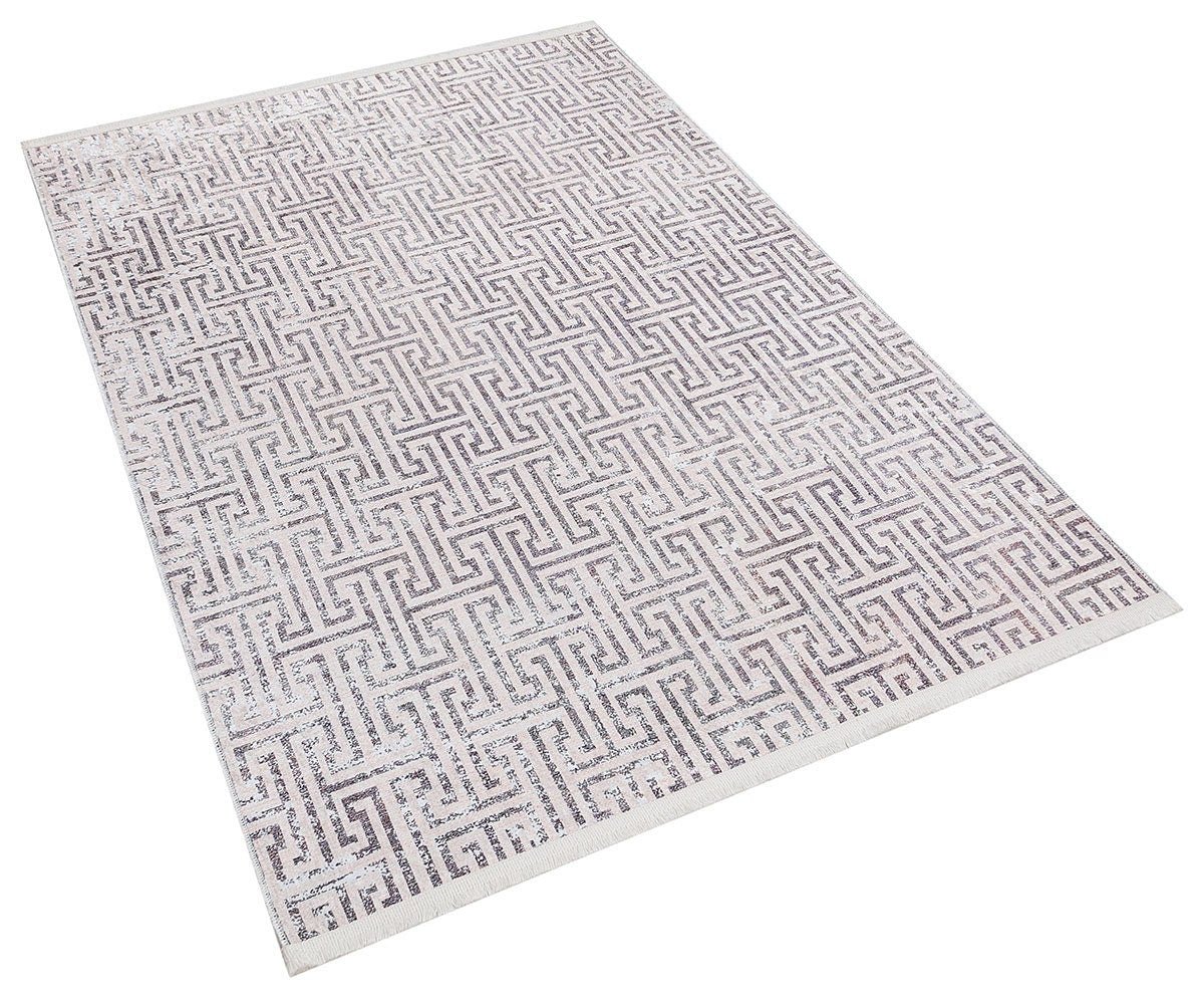 Distressed Greek Key Area Rug – Washable Cream Grey Geometric Labyrinth