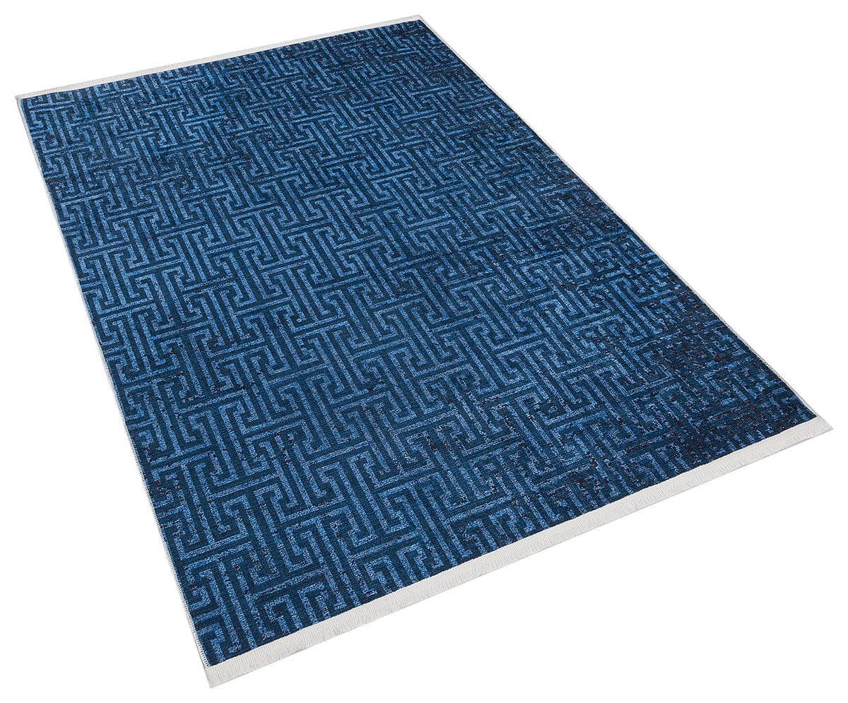 Navy Blue Greek Key Washable Area Rug, Distressed Indigo Geometric Carpet