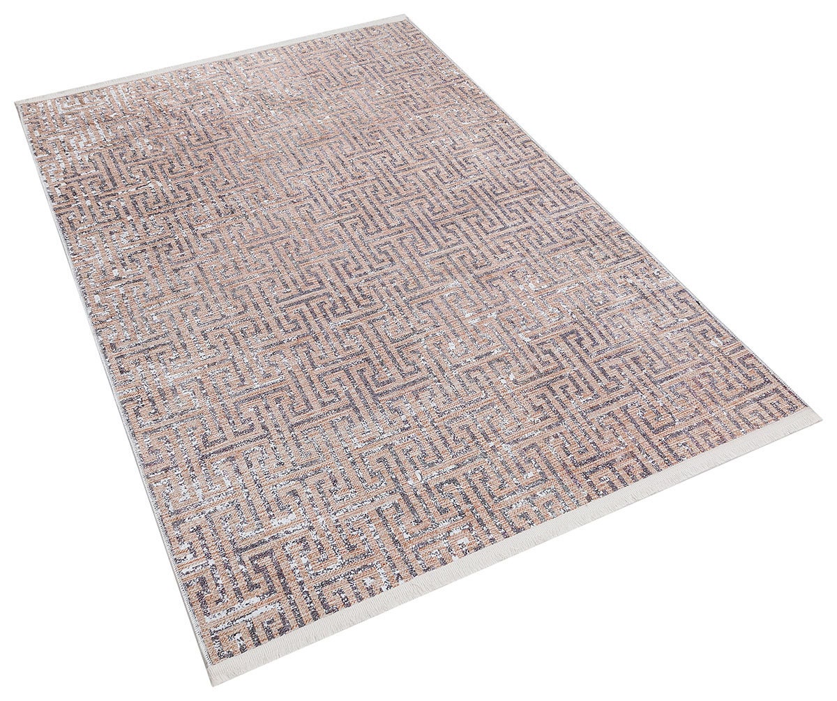 Modern Greek Key Distressed Washable Area Rug – Faded Terracotta & Grey Geometric Non-Slip Carpet