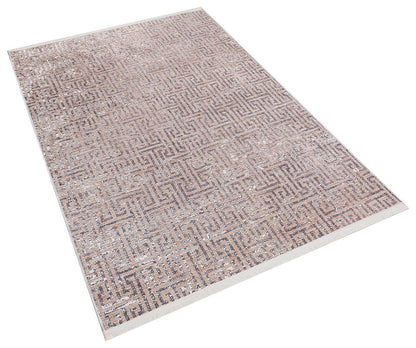 Modern Greek Key Distressed Washable Area Rug – Faded Terracotta & Grey Geometric Non-Slip Carpet