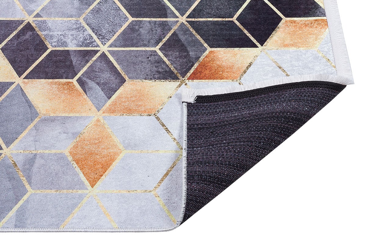Modern Geometric Hexagon Rug, Gray Gold Contemporary Carpet, Washable Living Room Area Rug