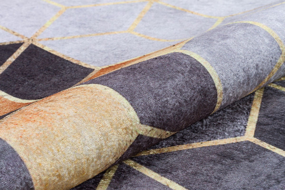 Modern Geometric Hexagon Rug, Gray Gold Contemporary Carpet, Washable Living Room Area Rug